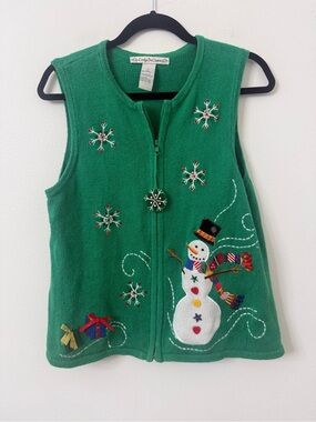 {L/XL} Vintage Green Embroidered Novelty Snowman Holiday Vest Carly St. Claire